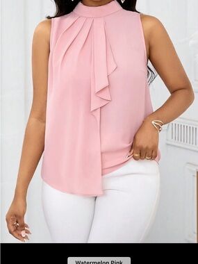 SHEIN Pink Sleeveless Ruffle-Neck Blouse